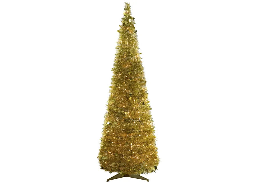 6' Pre-Lit Gold Tinsel Pop-Up Artificial Christmas Tree  Clear Lights