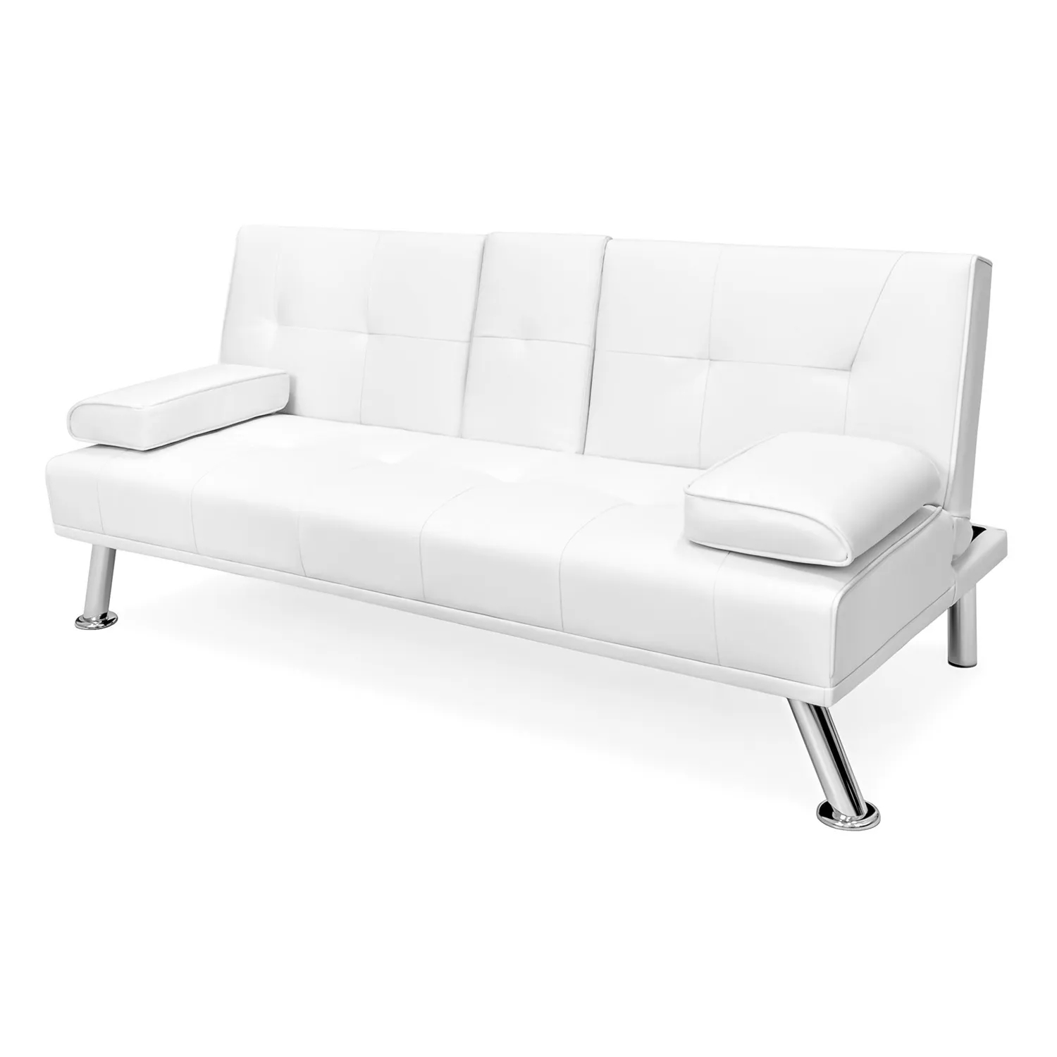 Hivvago White Faux Leather Convertible Sofa Futon with 2 Cup Holders