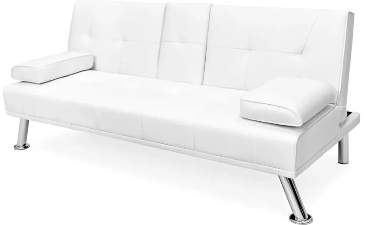 Hivvago White Faux Leather Convertible Sofa Futon with 2 Cup Holders