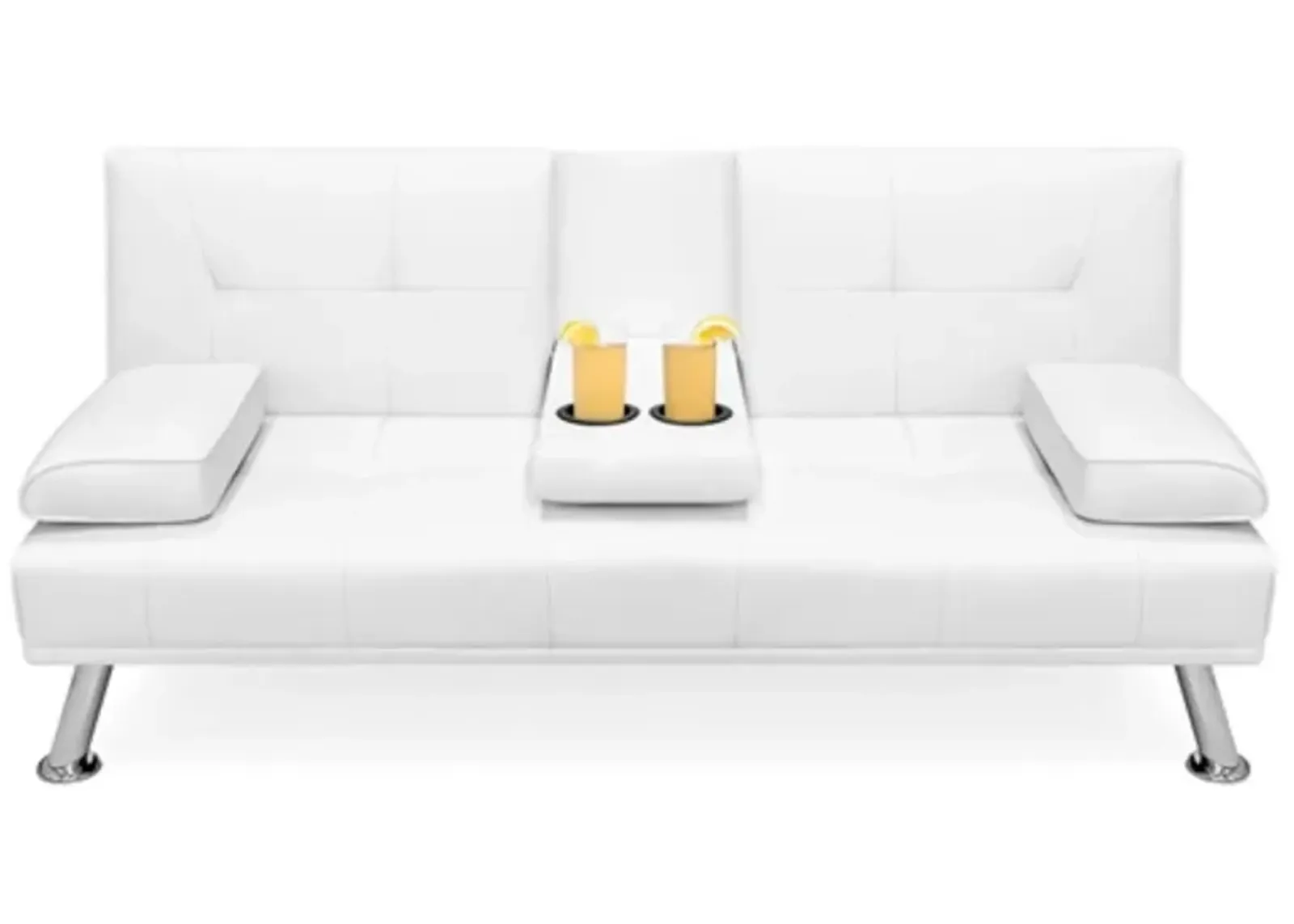 Hivvago White Faux Leather Convertible Sofa Futon with 2 Cup Holders