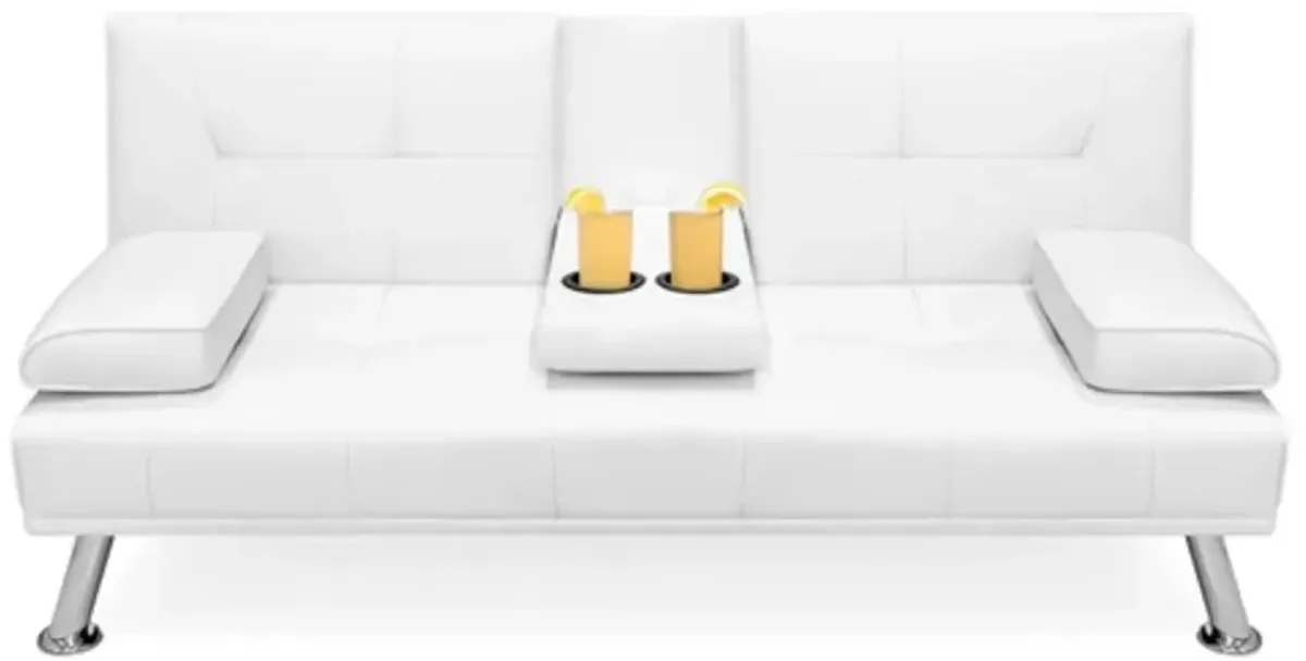 Hivvago White Faux Leather Convertible Sofa Futon with 2 Cup Holders