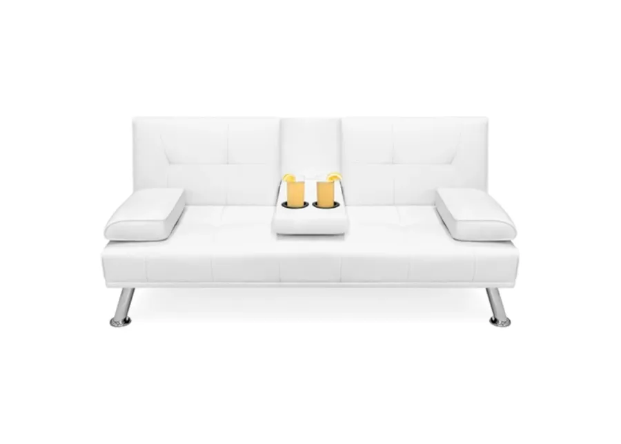 Hivvago White Faux Leather Convertible Sofa Futon with 2 Cup Holders