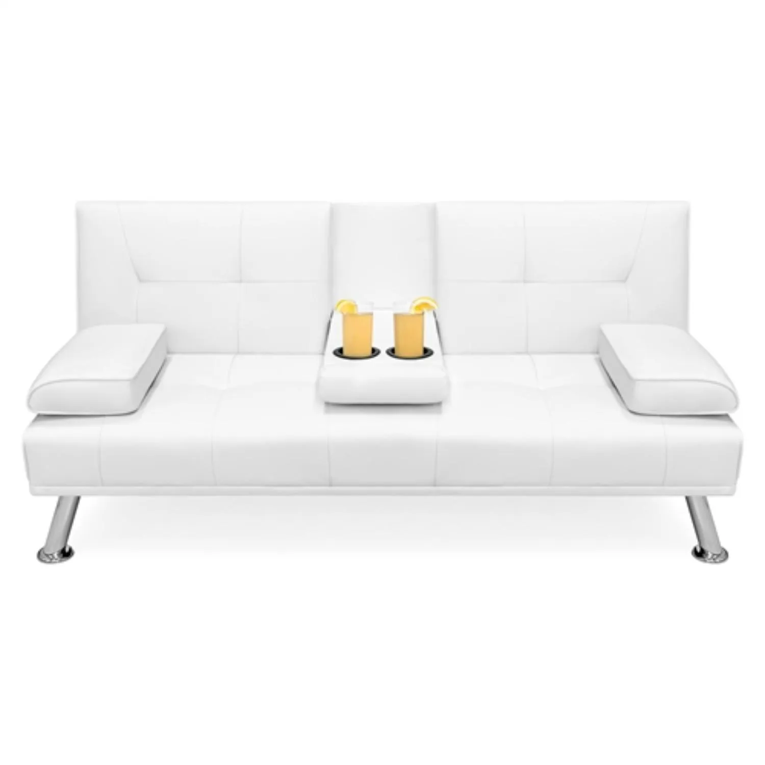 Hivvago White Faux Leather Convertible Sofa Futon with 2 Cup Holders