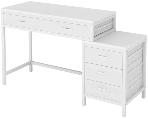 Eli Vanity Desk Table, 5 Drawers, Vintage White Finish, Metal Frame - Benzara