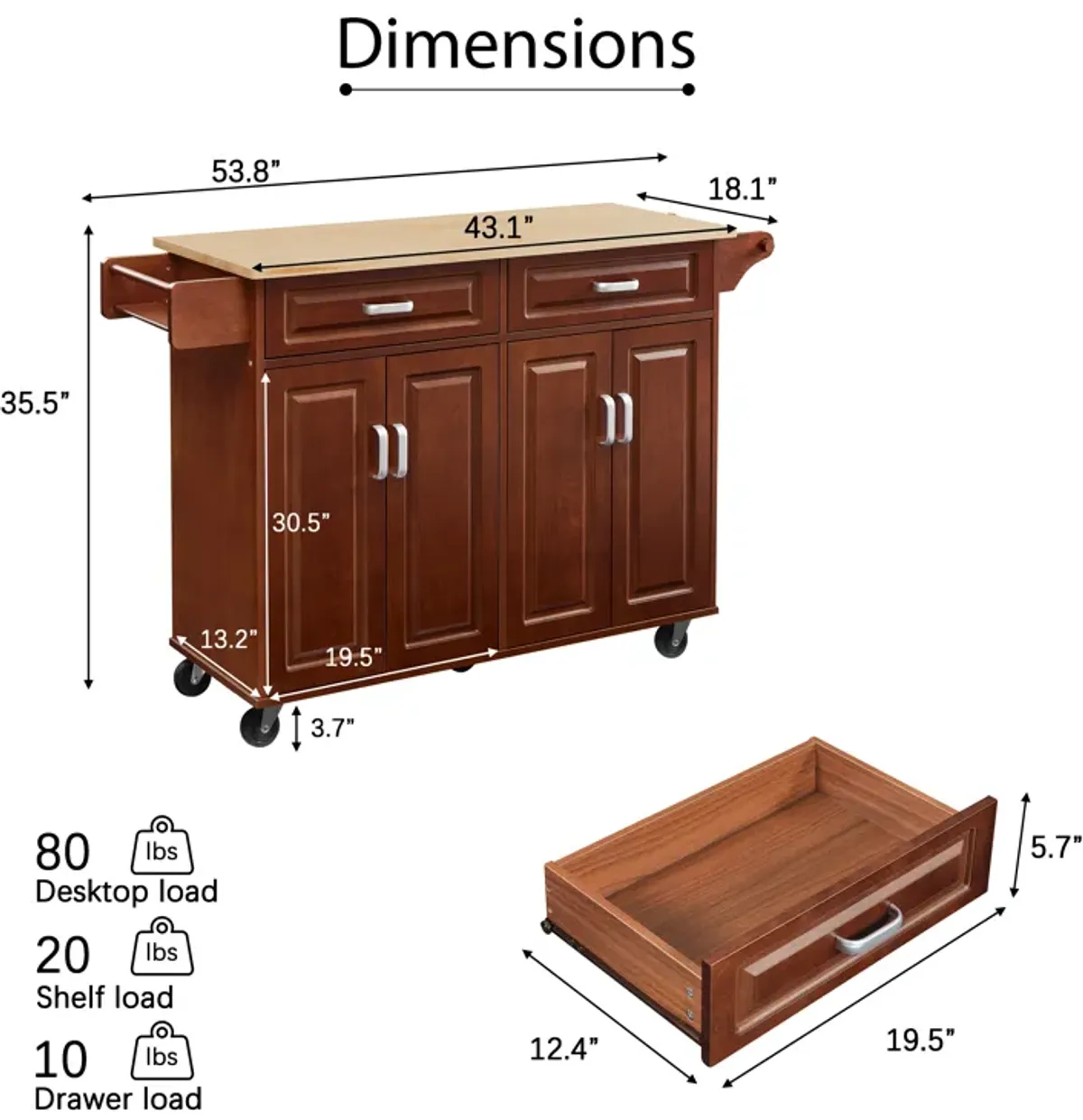 Streamdale Mobile Kitchen Island Cart With 2 drawers
