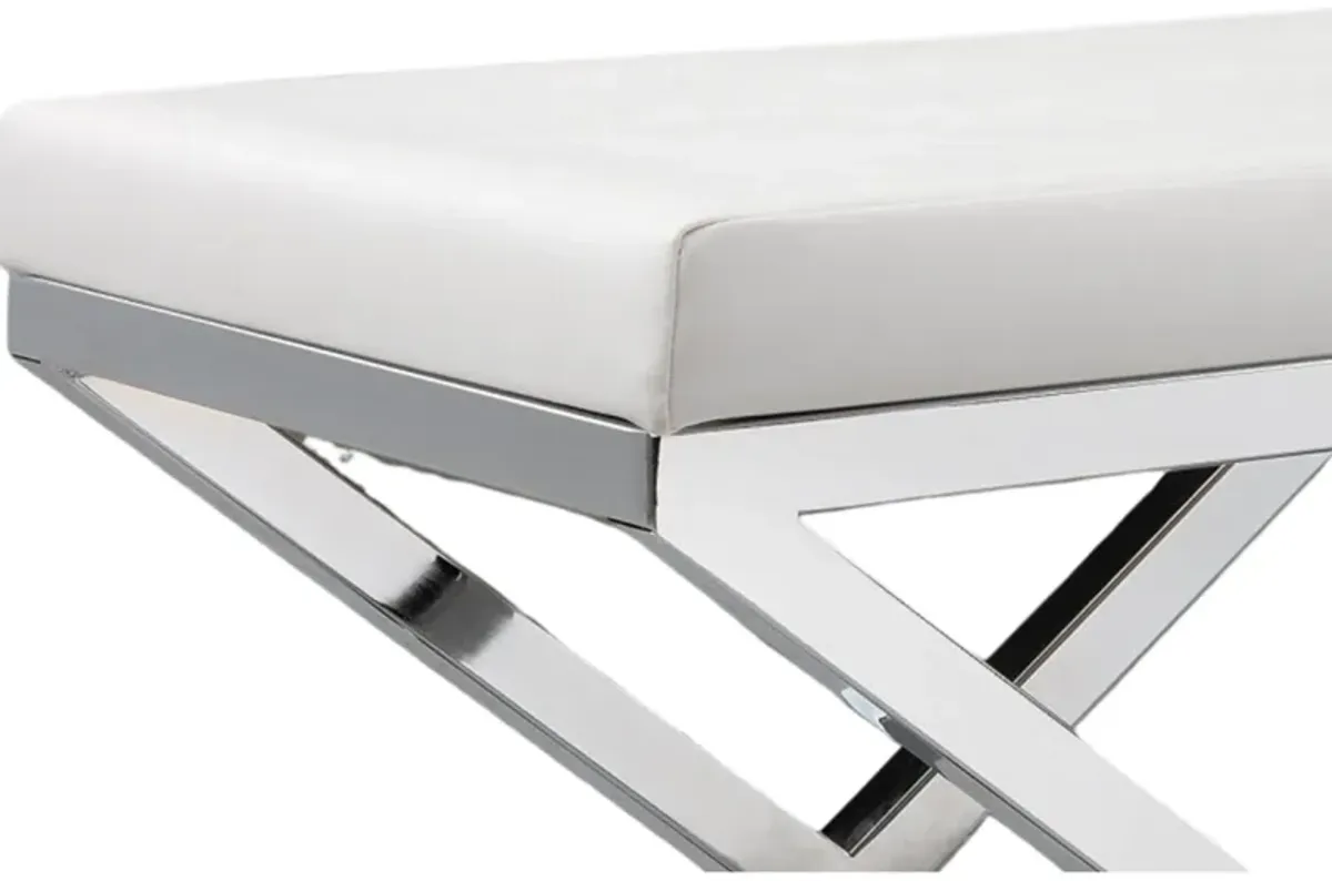 Sumi 18 Inch Stool, Padded Seat, White Faux Leather, Crossed Chrome Legs - Benzara