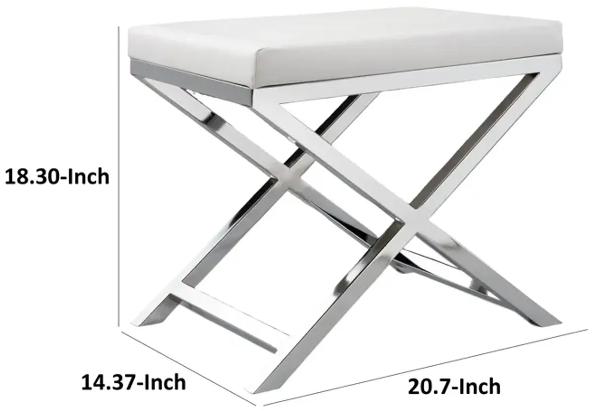 Sumi 18 Inch Stool, Padded Seat, White Faux Leather, Crossed Chrome Legs - Benzara