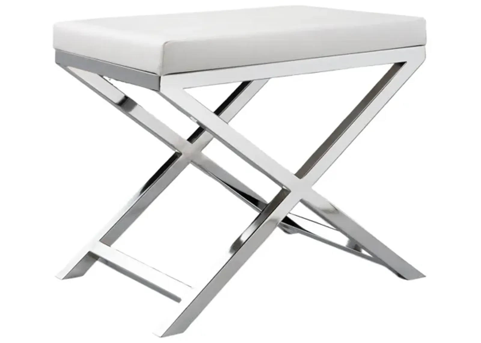 Sumi 18 Inch Stool, Padded Seat, White Faux Leather, Crossed Chrome Legs - Benzara