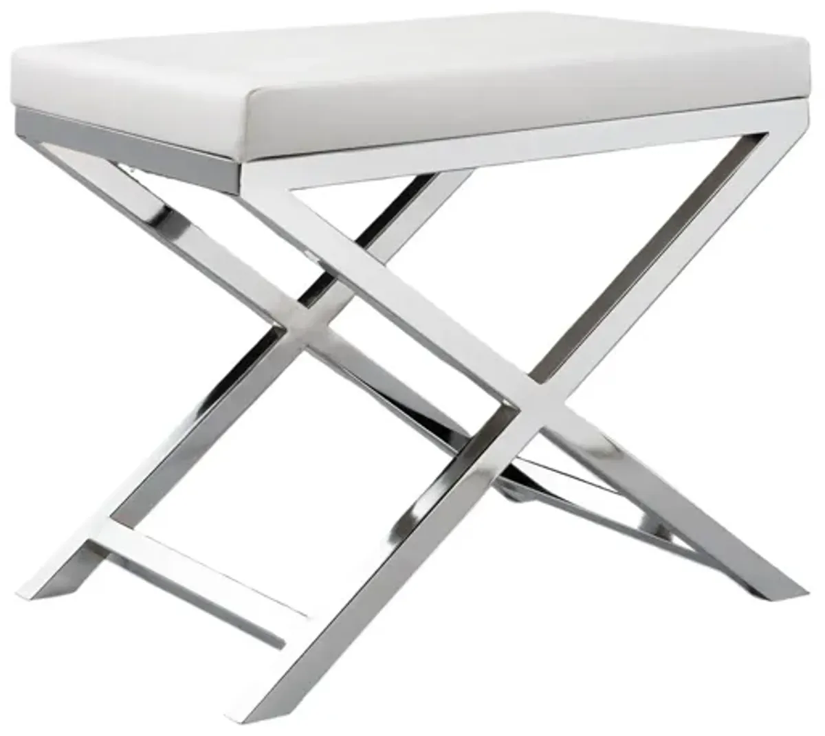 Sumi 18 Inch Stool, Padded Seat, White Faux Leather, Crossed Chrome Legs - Benzara