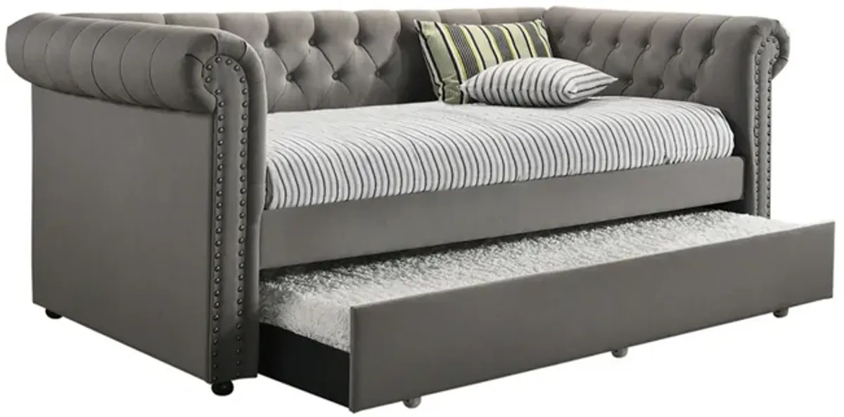 Fabric Upholstered Button Tufted Twin Daybed with Trundle, Gray-Benzara