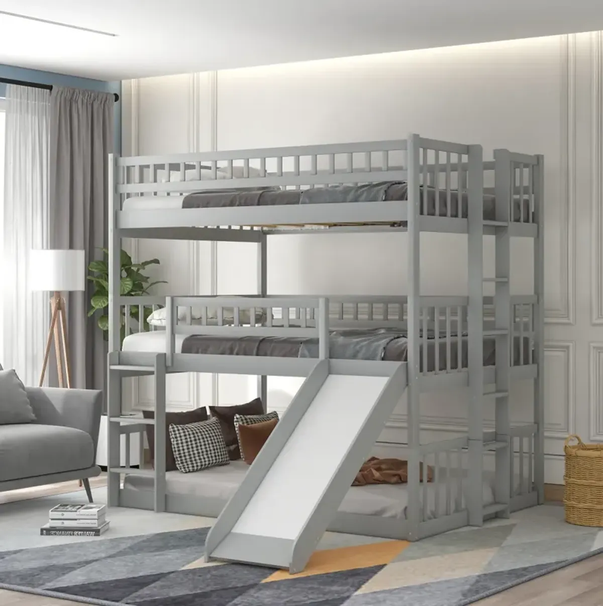 Full-Over-Full-Over-Full Triple Bed With Built-In Ladder And Slide, Triple Bunk Bed