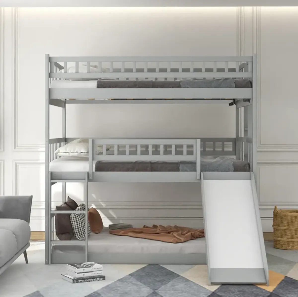 Full-Over-Full-Over-Full Triple Bed With Built-In Ladder And Slide, Triple Bunk Bed