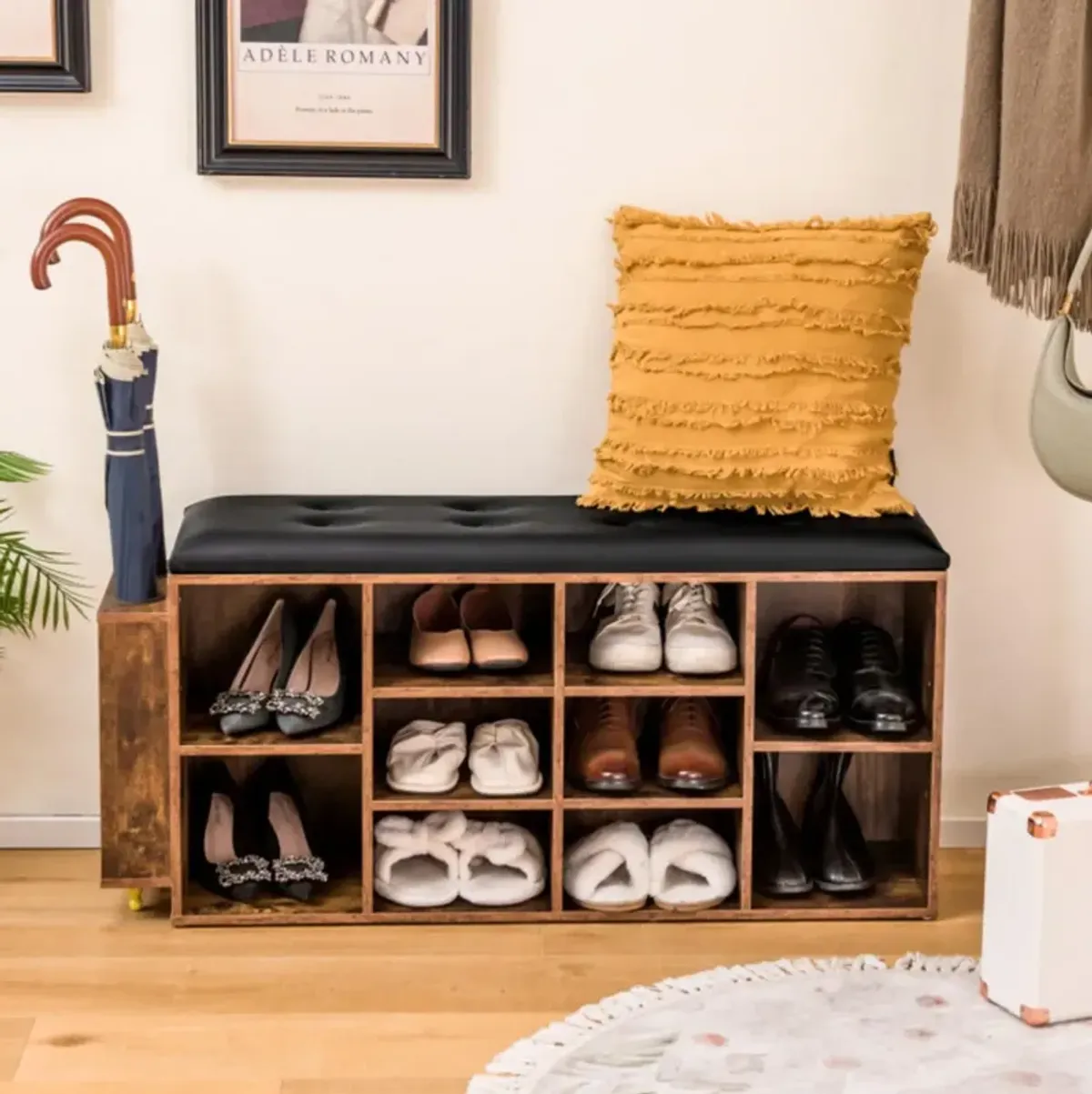 Hivvago Shoe Storage Bench with Umbrella Stand and Adjustable Shelf-Rustic Brown