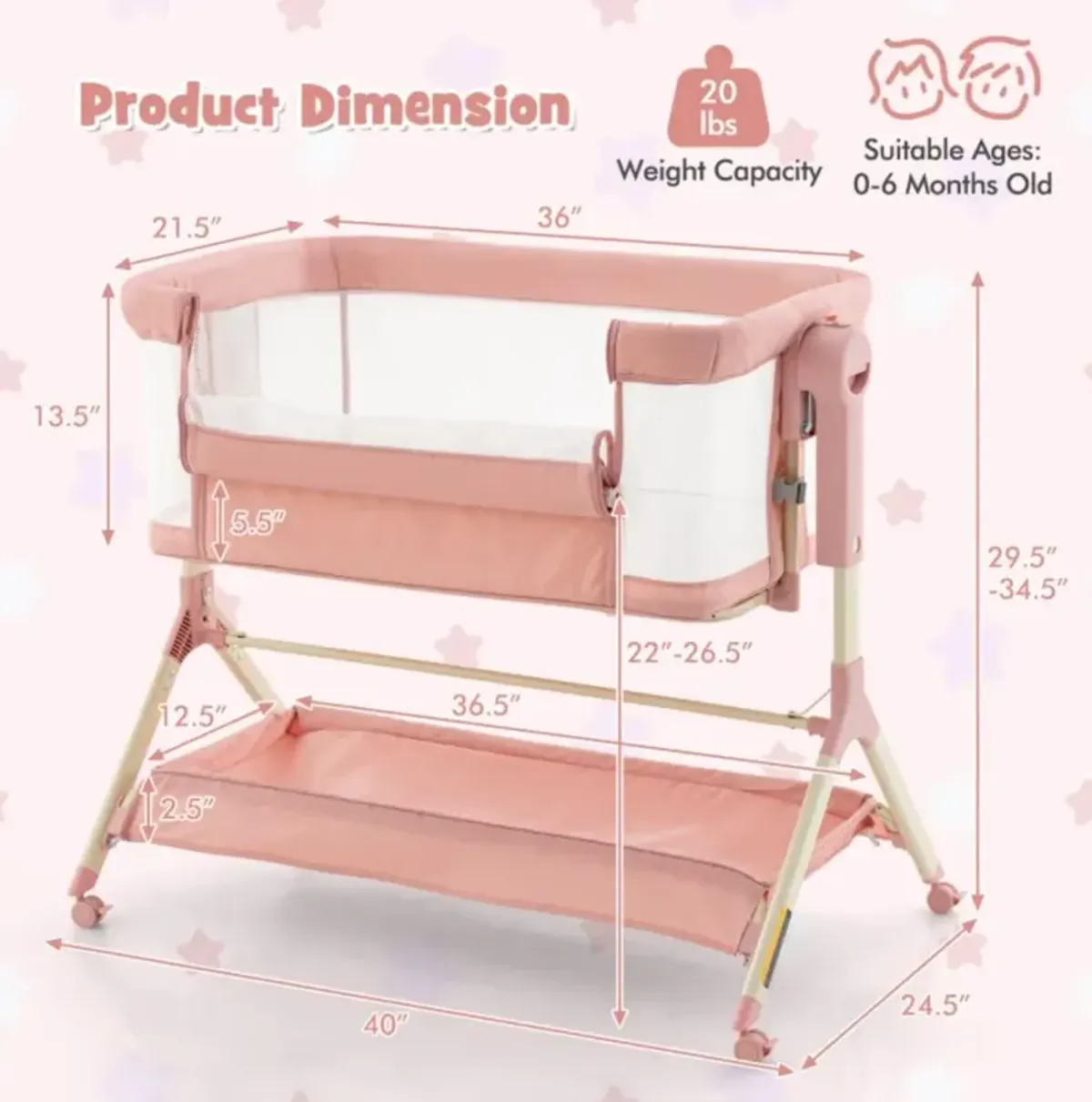 Hivvago Height Adjustable Bedside Sleeper with Storage Bag and Soft Mattress for Baby