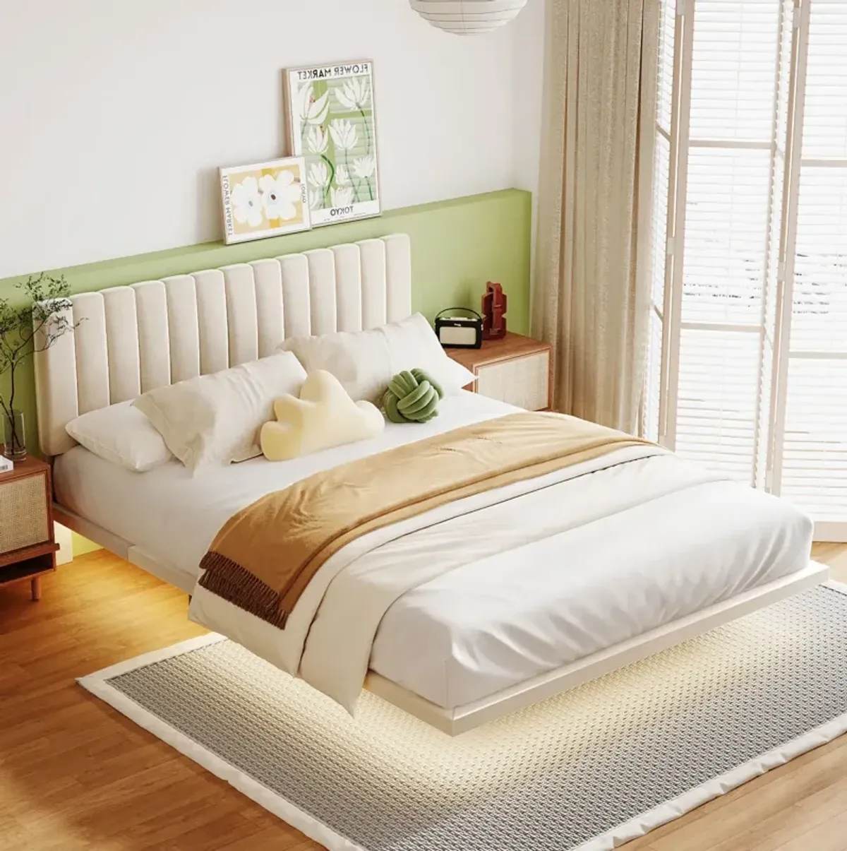 Queen Size Upholstered Bed With Sensor Light And Headboard, Floating Velvet Platform Bed