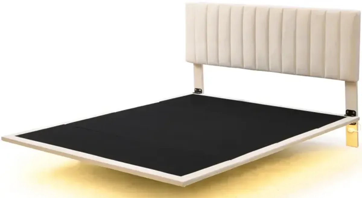 Queen Size Upholstered Bed With Sensor Light And Headboard, Floating Velvet Platform Bed