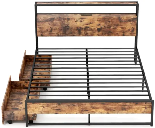 Wooden Bed Frame with 2 Storage Drawers and Power Station – Platform Bed with USB Ports