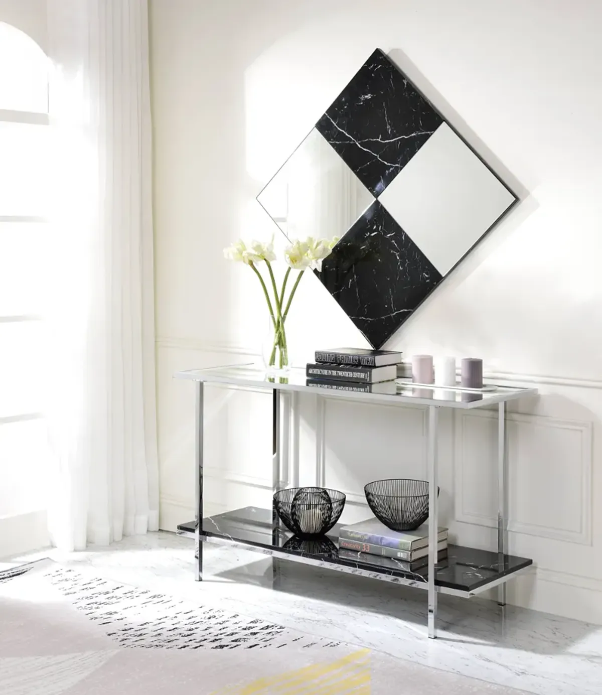 ACME Angwin Console Table, Mirrored, Engineering Stone Top & Chrome