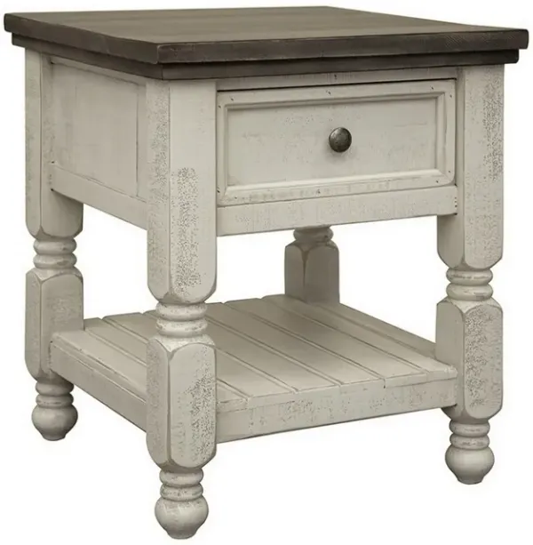 Benjara Suga 26 Inch Side End Table with 1 Drawer and Shelf, Pine Wood, Ivory and Gray