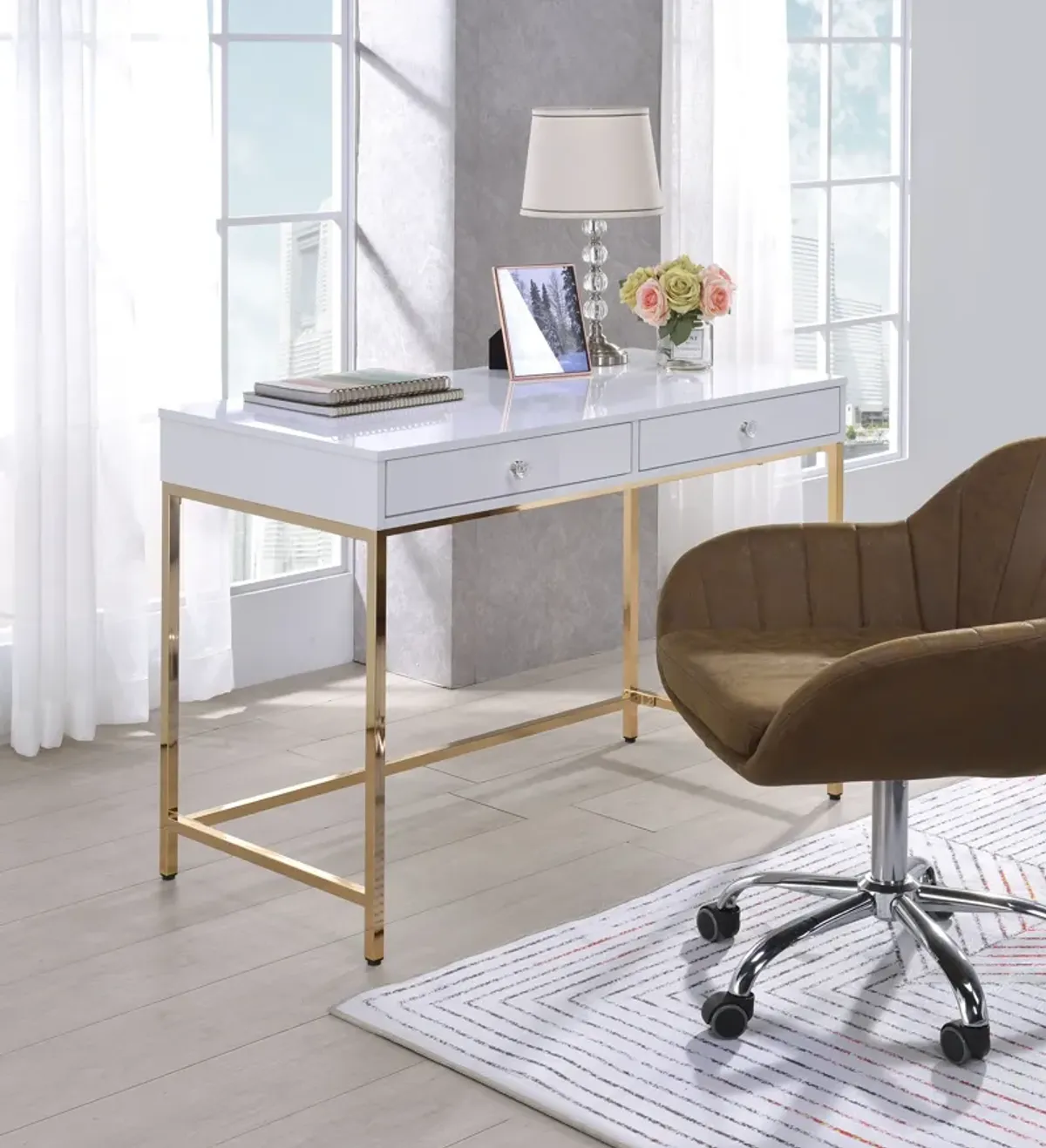 ACME Ottey Writing Desk(Same AC00899), White High Gloss & Gold