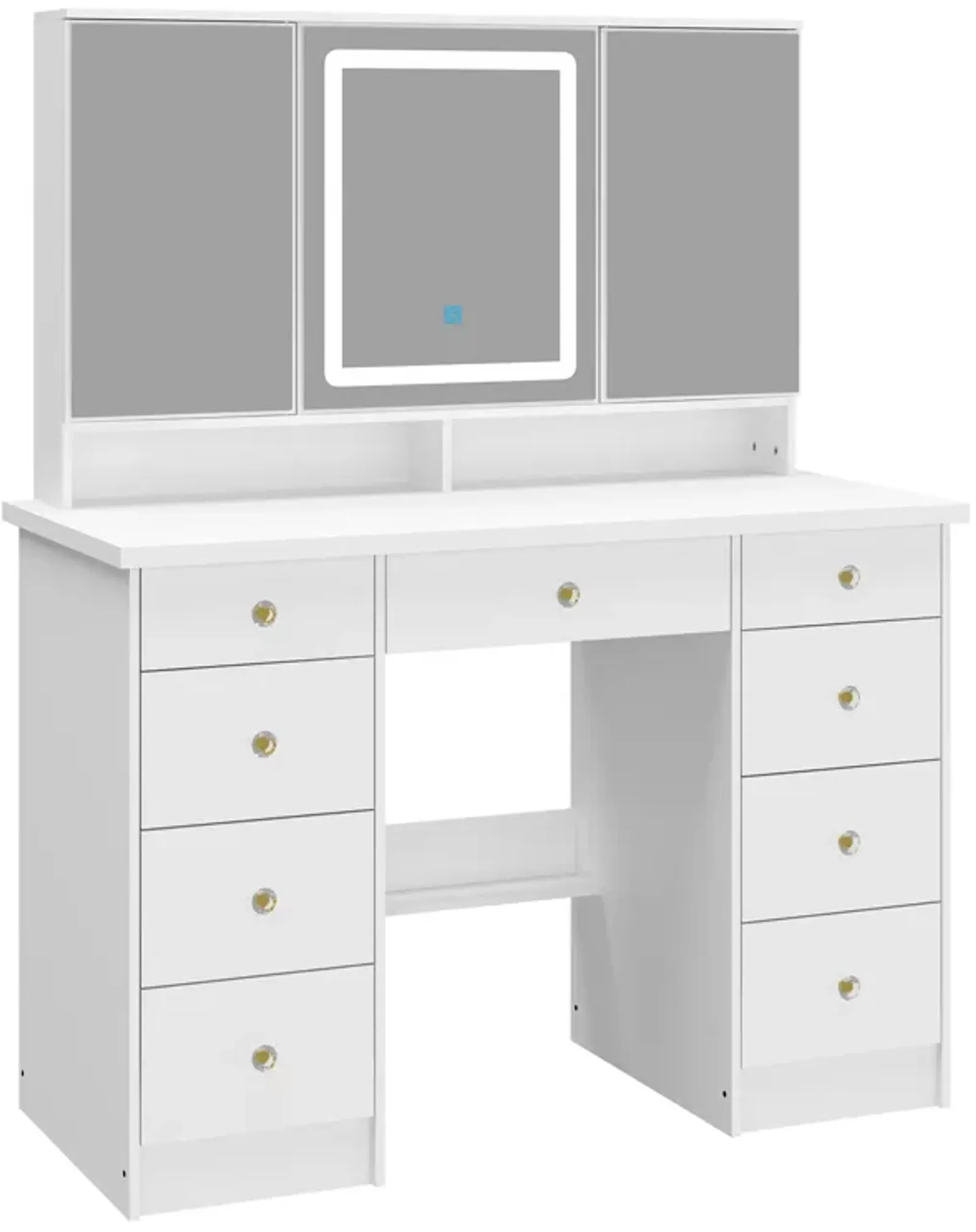 White Modern Makeup Vanity Desk 9 Drawers Wood Dressing Table With 3 Mirrors, Hidden Storage Shelves, LED Lighted