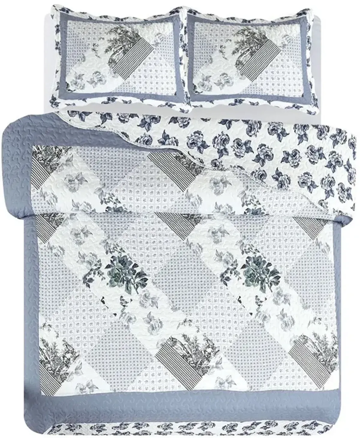 Legacy Decor 3 PCS Quilt Bedspread Coverlet Blue and White Floral Patchwork Design Microfiber King Size