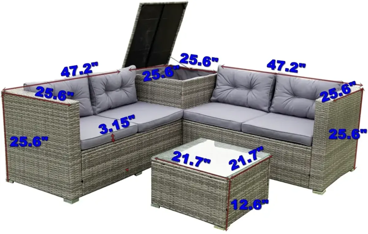 4 Piece Patio Sectional Wicker Rattan Outdoor Furniture Sofa Set With Storage Box