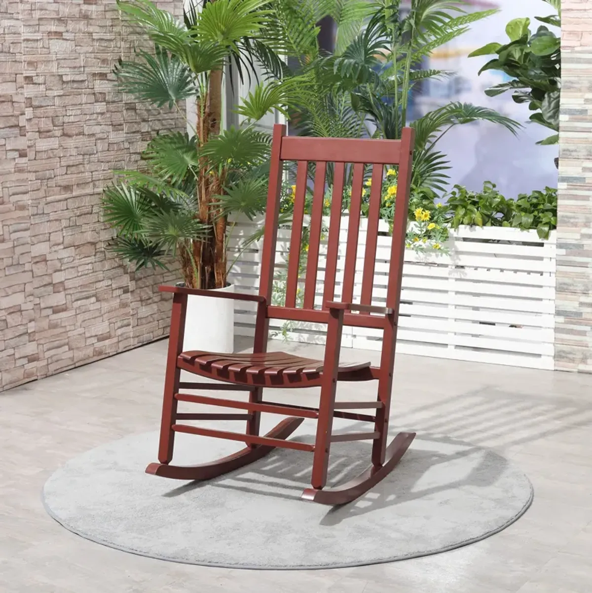 Wine Red Rustic Rocker: Wooden High Back Chair for Patio