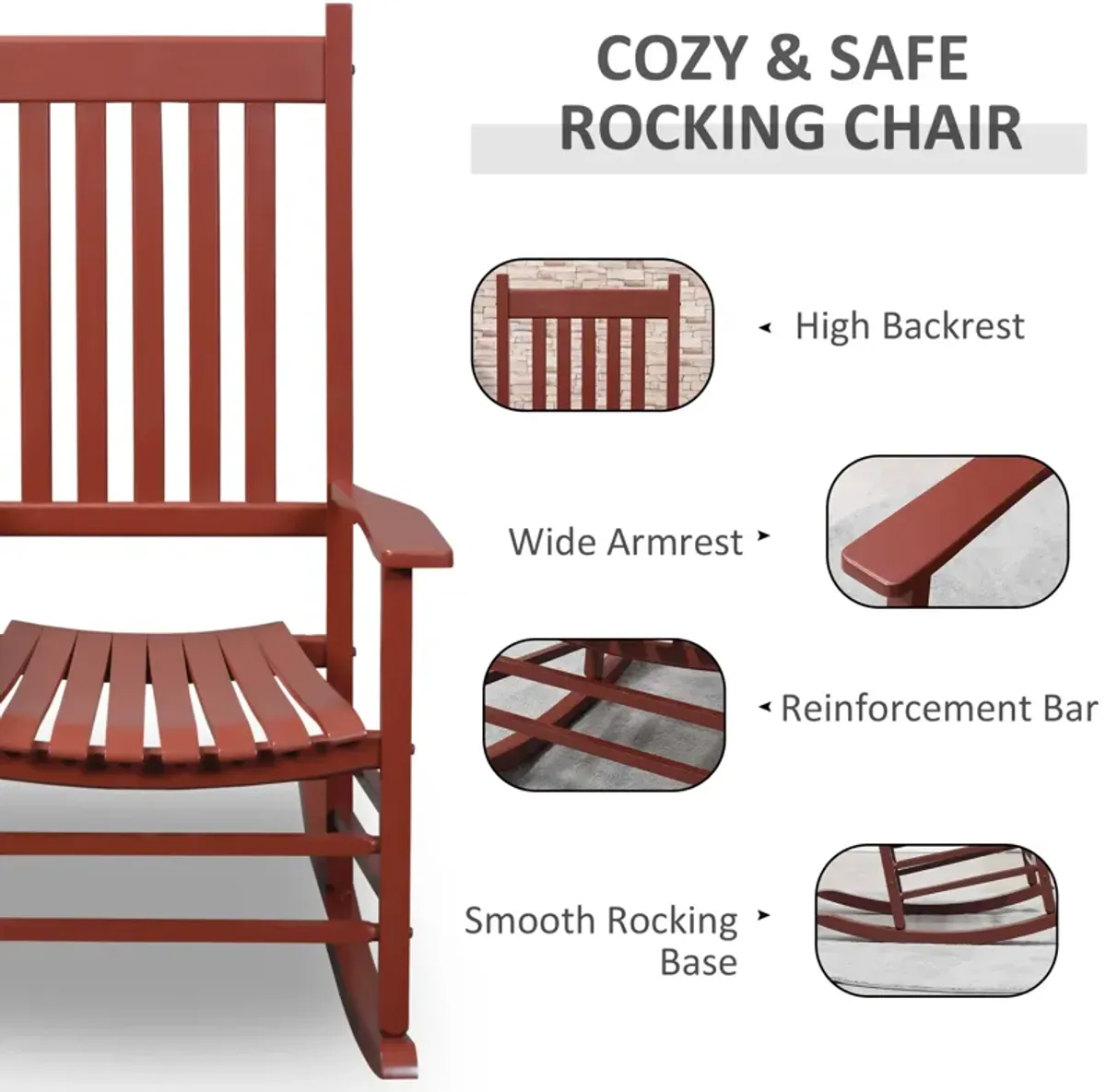 Wine Red Rustic Rocker: Wooden High Back Chair for Patio