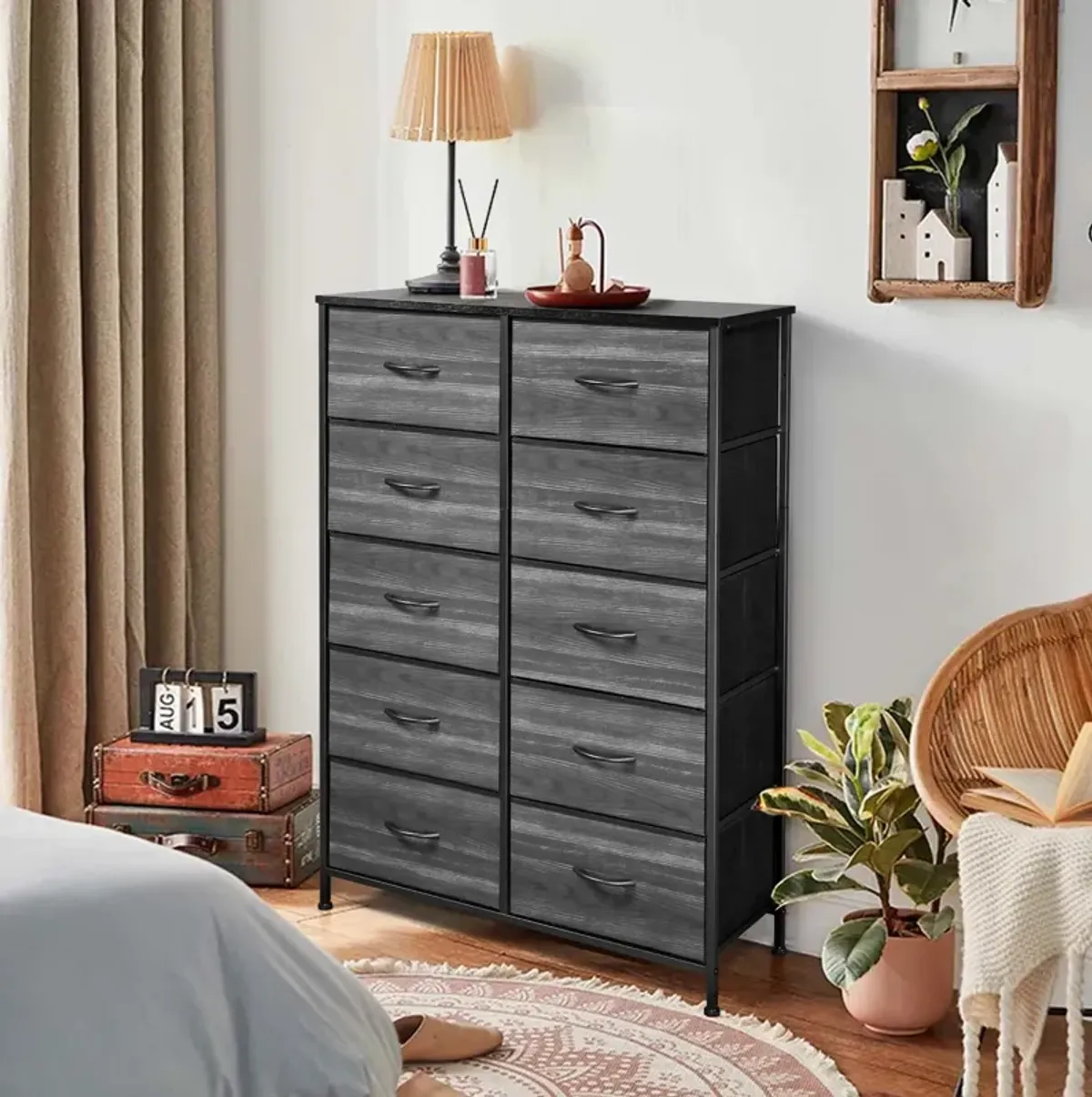 10-Drawer Non-Woven Storage Cabinet, Cationic Cloth Surface, Black Wood Grain and Iron Frame