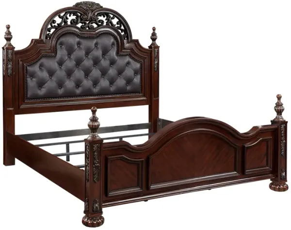 Amio Queen Bed, Button Tufted Faux Leather Headboard, Cherry Brown Wood - Benzara