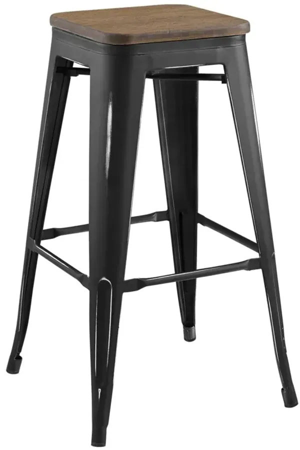 Modway Promenade Industrial Modern Steel Backless Bistro Bar Stool with Bamboo Seat in Black