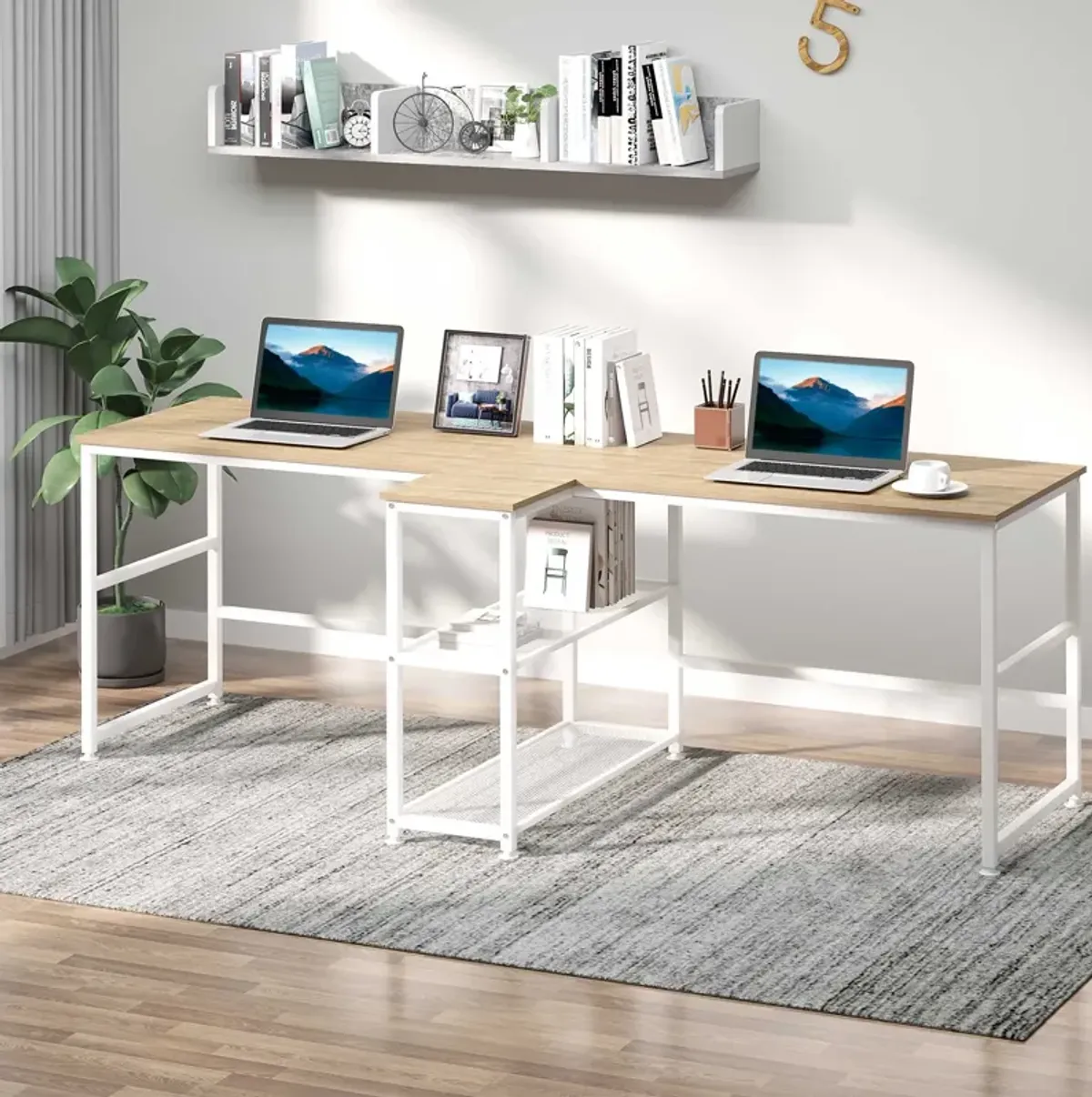 HOMCOM 83" Two Person Computer Desk with 2 Storage Shelves, Double Desk Workstation with Book Shelf, Long Desk Table for Home Office, Natural