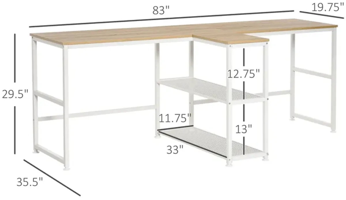 HOMCOM 83" Two Person Computer Desk with 2 Storage Shelves, Double Desk Workstation with Book Shelf, Long Desk Table for Home Office, Natural