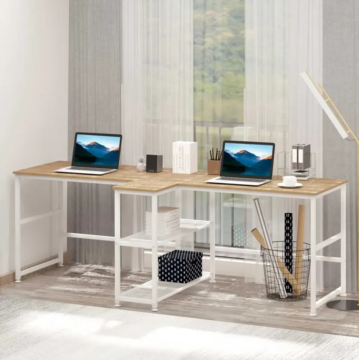 HOMCOM 83" Two Person Computer Desk with 2 Storage Shelves, Double Desk Workstation with Book Shelf, Long Desk Table for Home Office, Natural