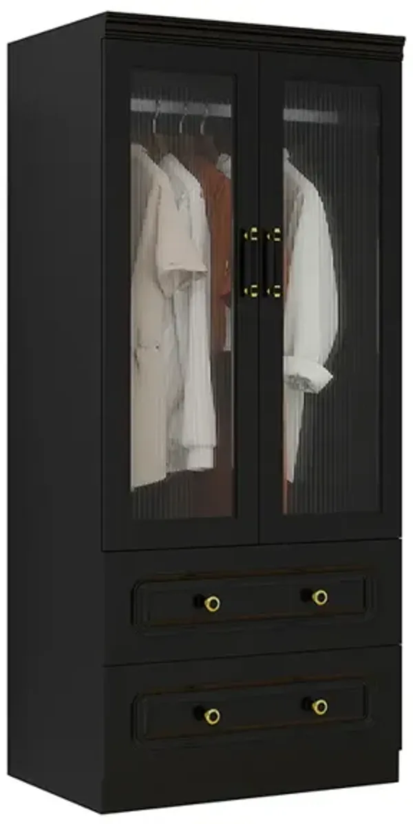 Armoire Wardrobe Closet Cabinet with 2 Doors and 2 Drawers, Armoire Wardrobe Closet with Hanging Rod, Wardrobe for Large Storage, Tall Closet Wardrobe with Drawers for Bedroom Black
