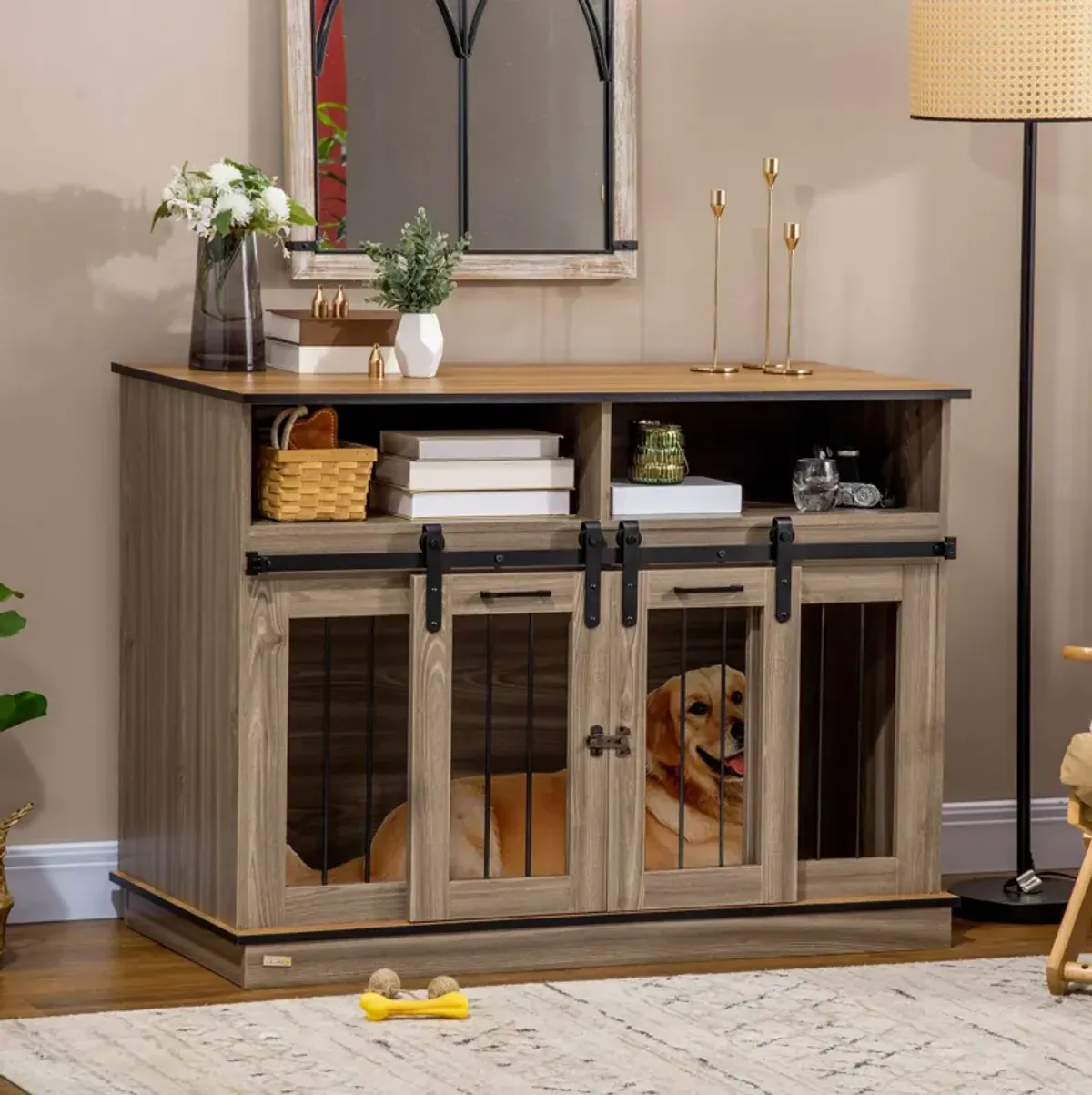 Oak Pet Furniture: 2-in-1 Dog Crate End Table with Sliding Doors