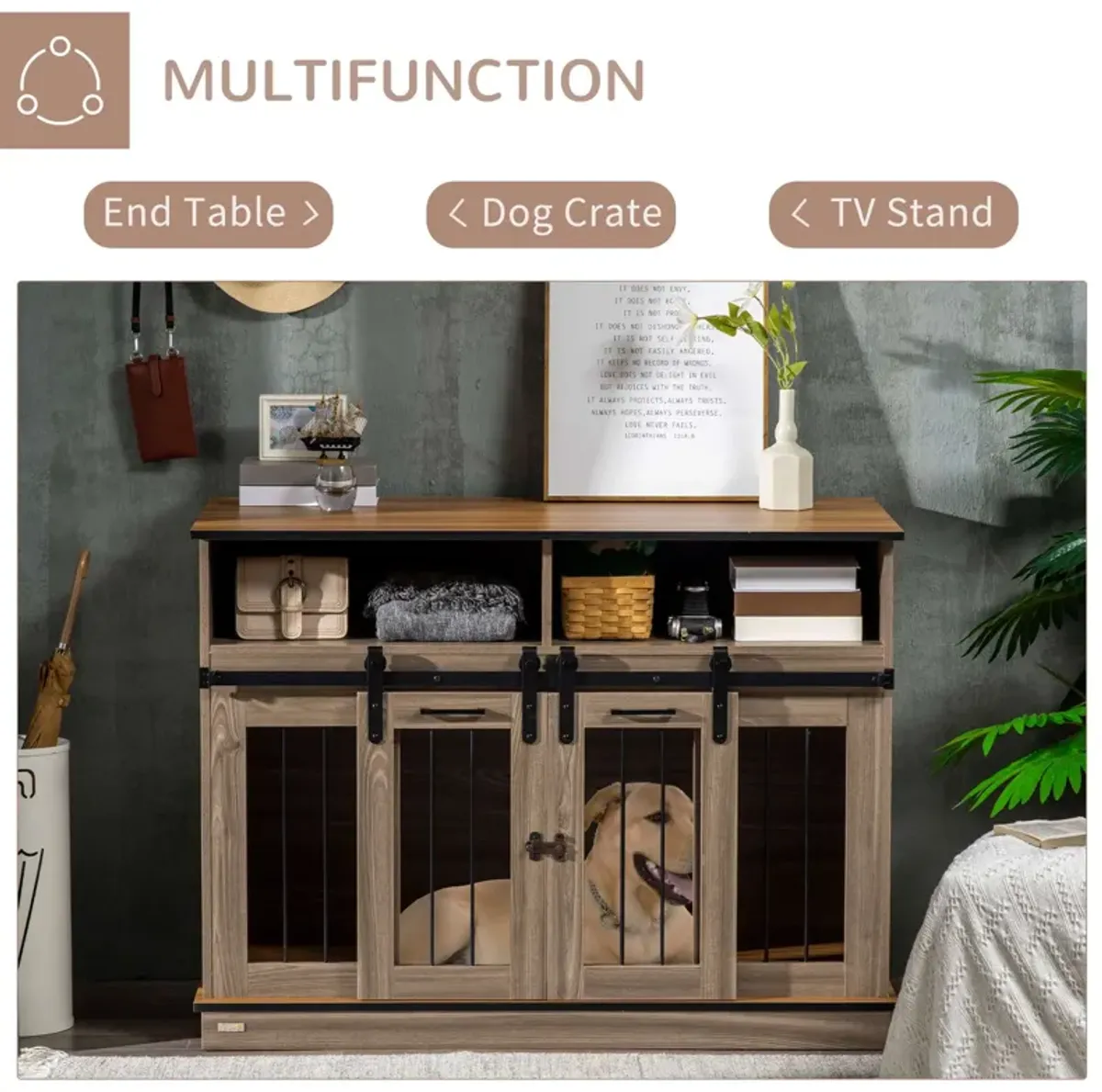 Oak Pet Furniture: 2-in-1 Dog Crate End Table with Sliding Doors