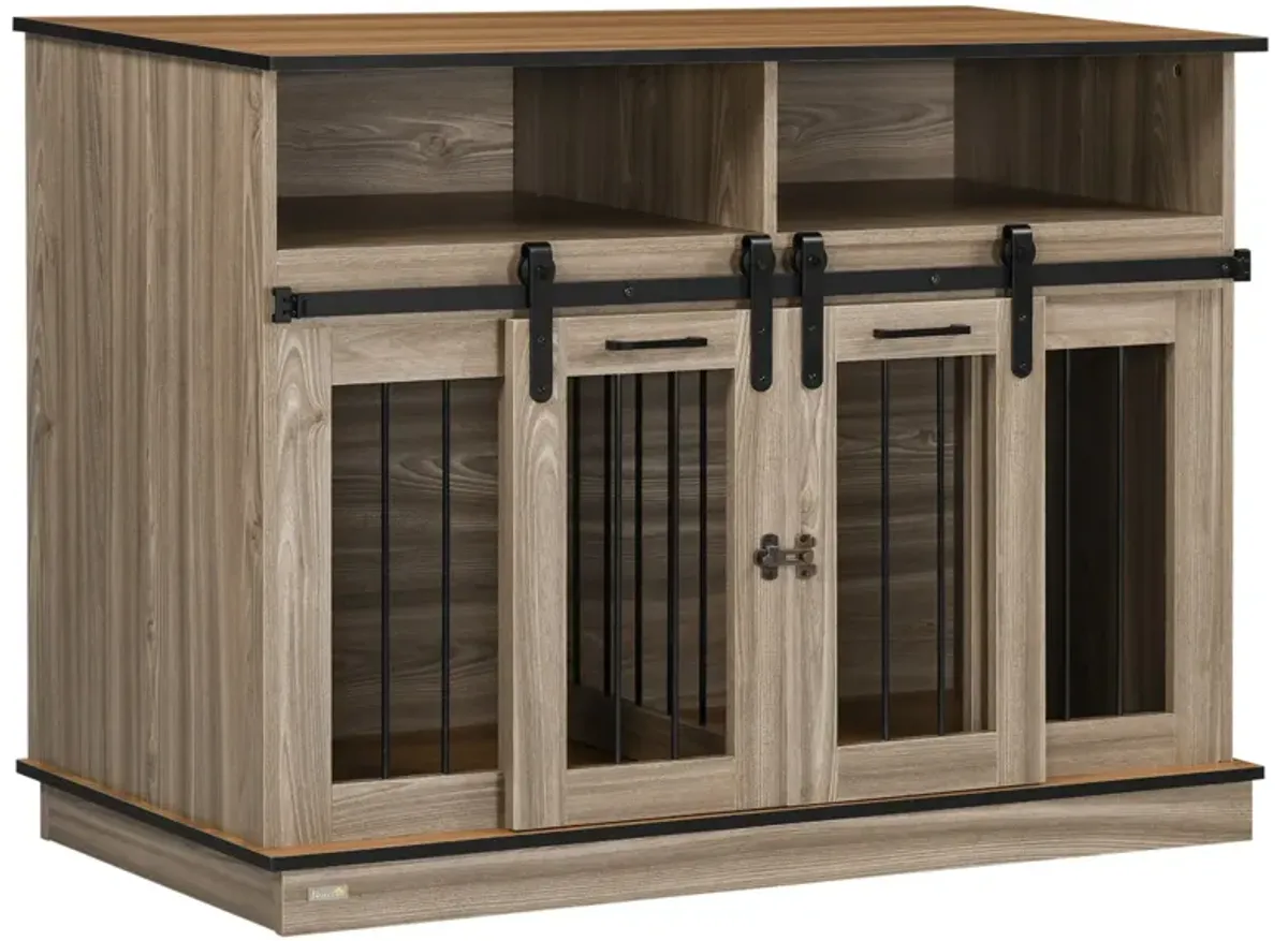 Oak Pet Furniture: 2-in-1 Dog Crate End Table with Sliding Doors