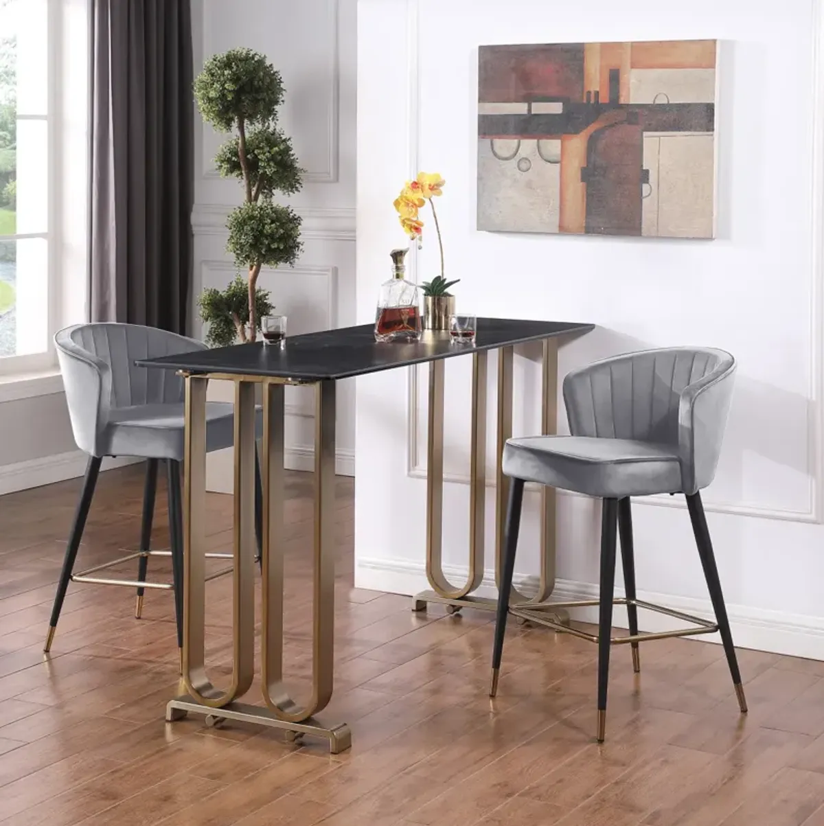 Gray Velvet Counter Height Stool with Gold Tipped Legs