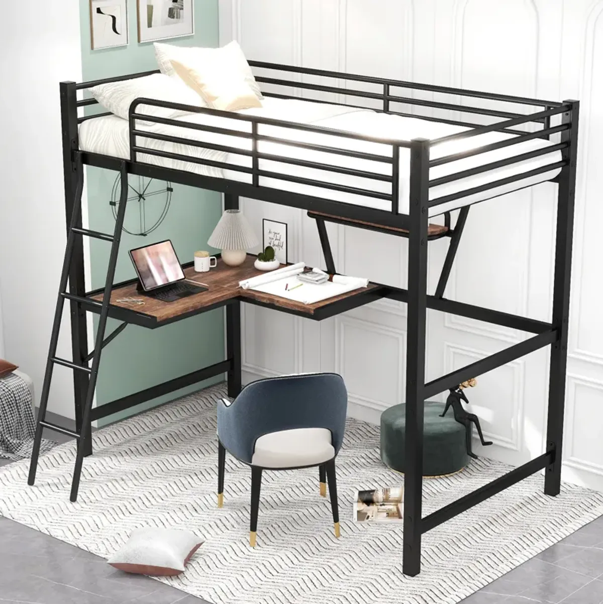 Merax Metal Frame Loft Bed with Desk and Shelf