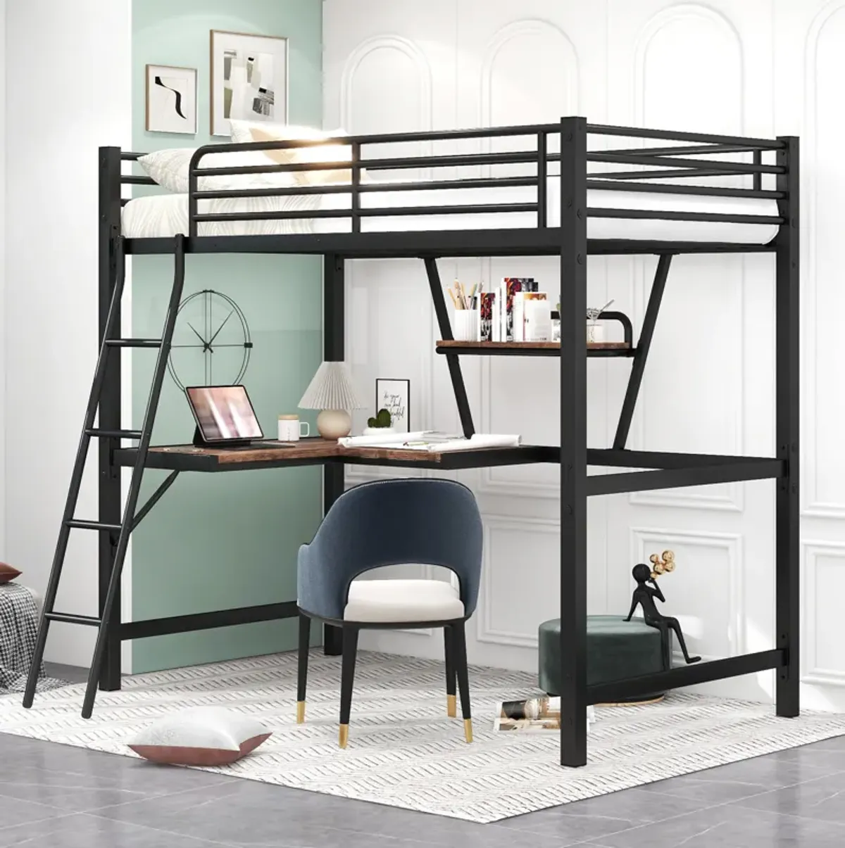 Merax Metal Frame Loft Bed with Desk and Shelf