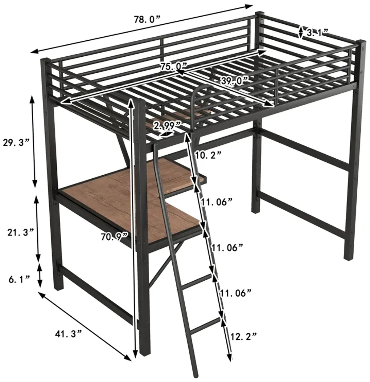 Merax Metal Frame Loft Bed with Desk and Shelf