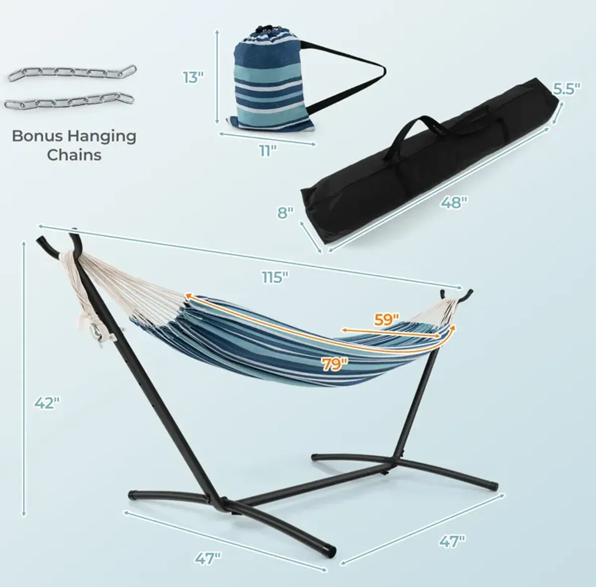 Portable Indoor/Outdoor 2-Person Double Hammock Set with Stand and Carrying Case