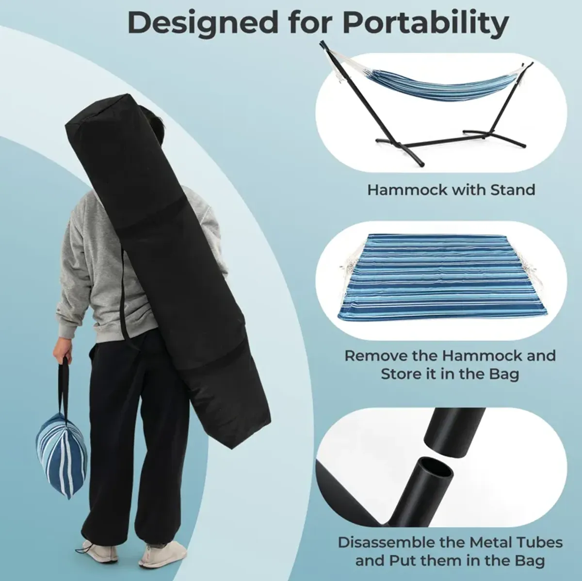 Portable Indoor/Outdoor 2-Person Double Hammock Set with Stand and Carrying Case