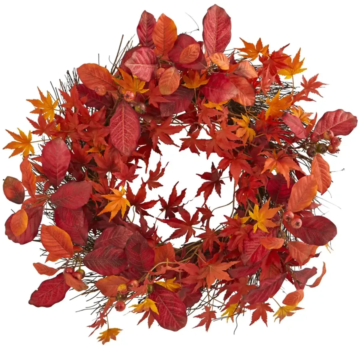 Hivvago 22" Japanese Maple, Magnolia Leaf and Berries Artificial Wreath