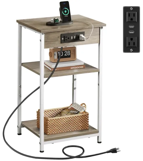WLIVE Side Table with Charging Station and USB Ports, Small End Tables for Small Spaces, 3-Tier Nightstand with Adjustable Shelf