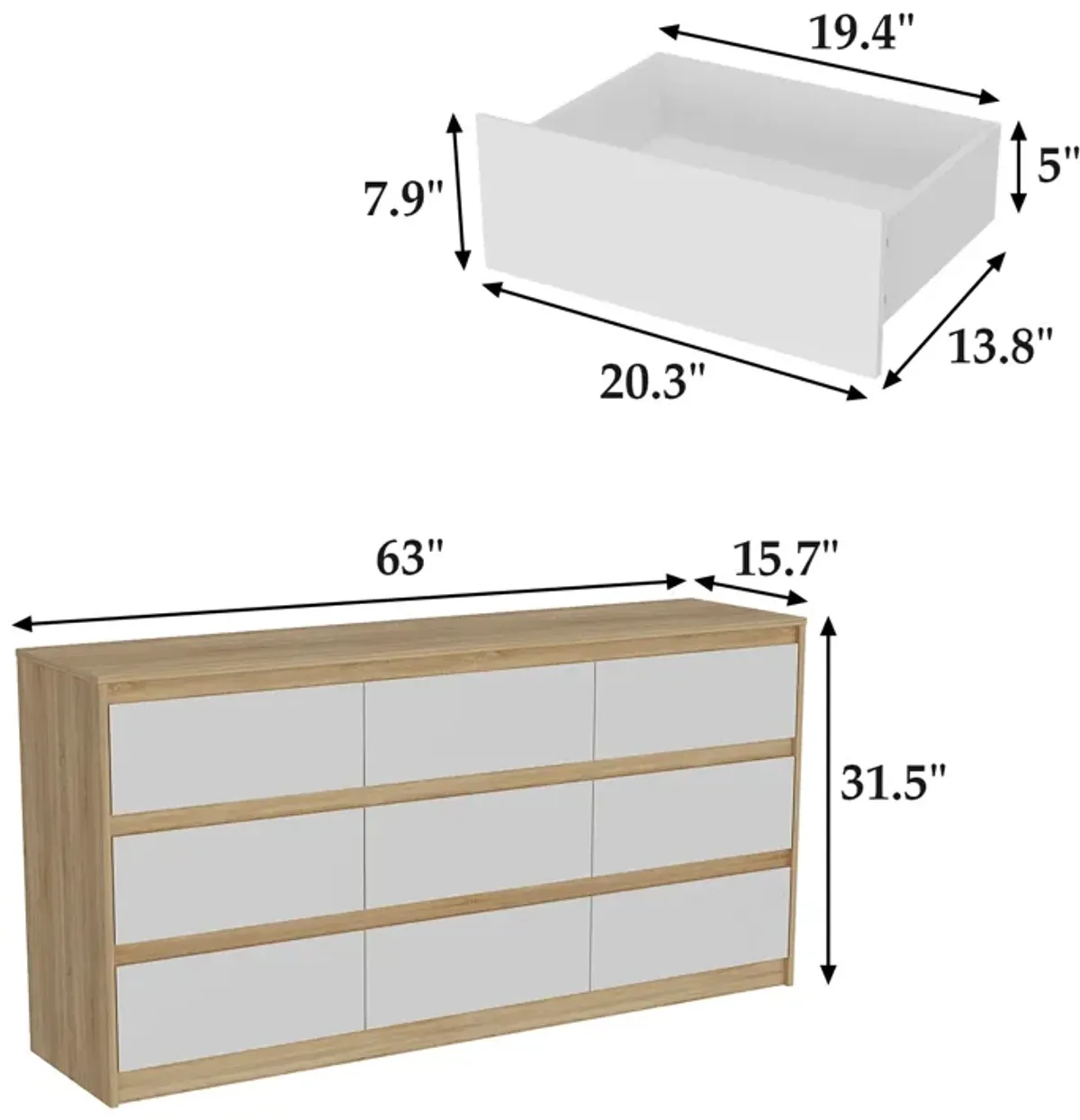 9-Drawer Natural Brown Wood Dresser Modern Style 31.5 in. H x 63 in. W x 15.7 in. D