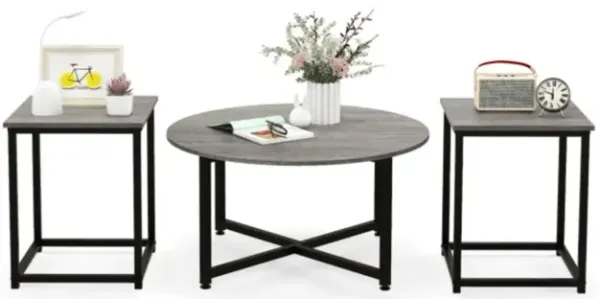Hivvago 3-Piece Coffee Table Set Round Coffee Table and 2 Pieces Square End Table