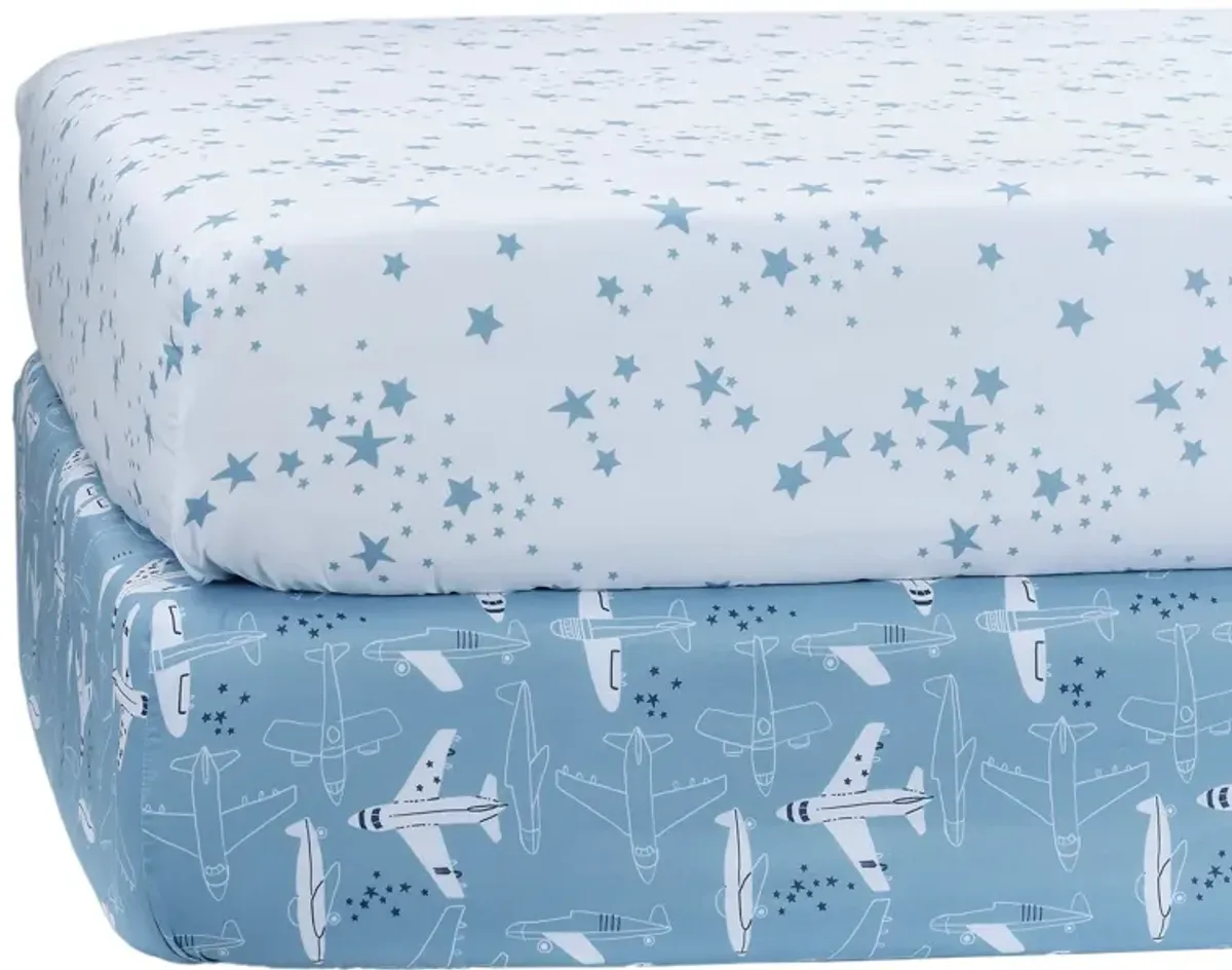 Bedtime Originals Airplane/Stars Aviation 2-Pack Fitted Crib/Toddler Sheet Set